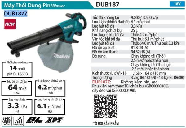 DUB187Z  Máy Thổi Và Hút Bụi Dùng Pin(bl)(18v)