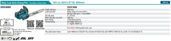 DUC406Z Máy Cưa Xích Dùng Pin(350mm/90px/bl)18v (không Kèm Pin Sạc)