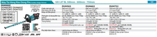 DUH502Z  Máy Tỉa Hàng Rào Dùng Pin(500mm/bl)(18v) (không Kèm Pin Sạc)