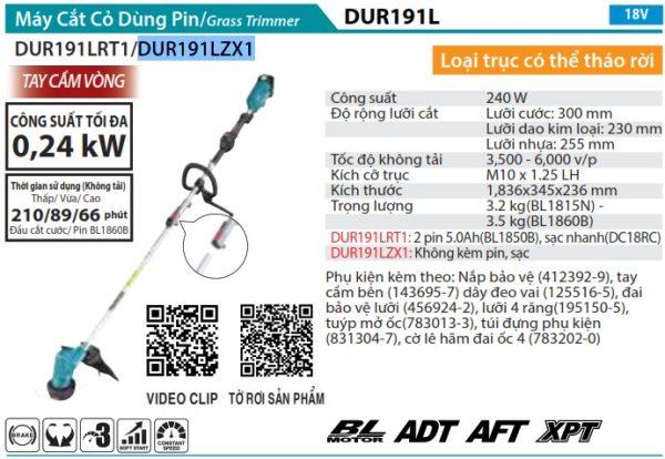 DUR190UZX1  Máy Cắt Cỏ Dùng Pin(bl)(18v) (không Kèm Pin Sạc)