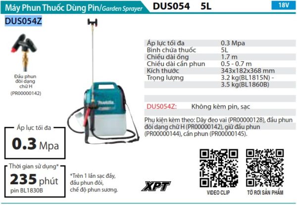 DUS054Z  Máy Phun Thuốc Dùng Pin(5l)(18v) (không Kèm Pin Sạc)