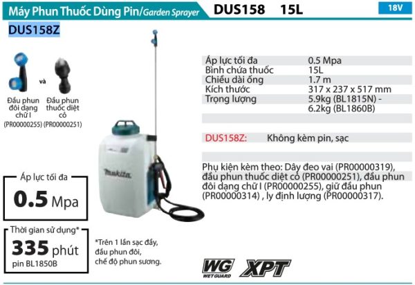DUS158Z  Máy Phun Thuốc Dùng Pin(15l)(18v) (không Kèm Pin Sạc)