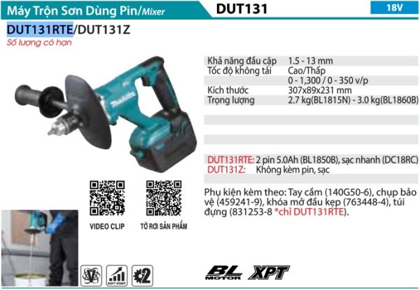 DUT131RTE  Máy Trộn Sơn Dùng Pin(bl)(18v) (kèm 02 Pin 5.0 + Sạc Nhanh)