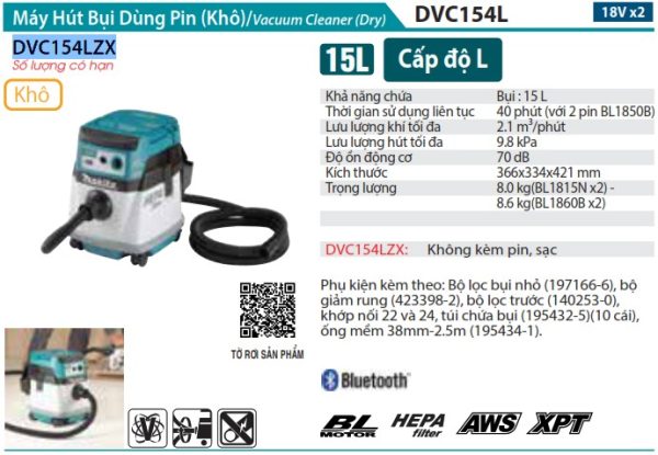 DVC154LZX  Máy Hút Bụi Dùng Pin(hepa/aws/bl)(18vx2) (không Kèm Pin Sạc)