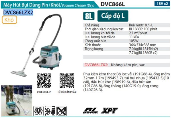 DVC866LZX2  Máy Hút Bụi Dùng Pin(bl)(18vx2) (không Kèm Pin Sạc)