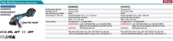 GA003GM201  Máy Mài Góc Dùng Pin(100mm/công Tắc Trượt) (kèm 02 Pin 4.0ah + Sạc Nhanh)