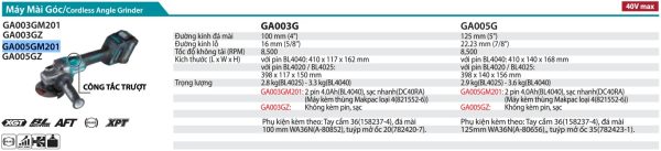 GA005GM201  Máy Mài Góc Dùng Pin(125mm/công Tắc Trượt) (kèm 02 Pin 4.0ah + Sạc Nhanh)