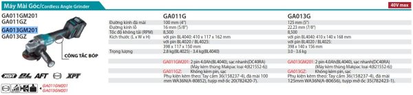 GA013GM201  Máy Mài Góc Dùng Pin(125mm/công Tắc Bóp) (kèm 02 Pin 4.0ah + Sạc Nhanh)