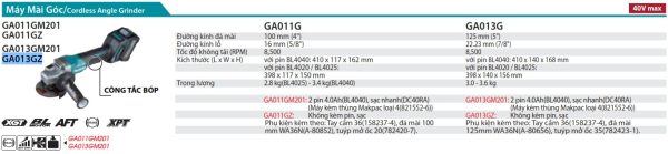 GA013GZ  Máy Mài Góc Dùng Pin(125mm/công Tắc Bóp/ (không Kèm Pin Sạc)
