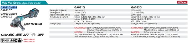 GA021GM201  Máy Mài Góc Dùng Pin(100mm/công Tắc Trượt) (kèm 02 Pin 4.0ah + Sạc Nhanh)