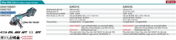 GA023GM201  Máy Mài Góc Dùng Pin(125mm/công Tắc Trượt) (kèm 02 Pin 4.0ah + Sạc Nhanh)