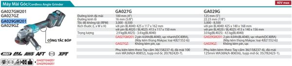 GA029GM201  Máy Mài Góc Dùng Pin(125mm/công Tắc Bóp) (kèm 02 Pin 4.0ah + Sạc Nhanh)