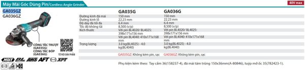 GA035GZ  Máy Mài Góc Dùng Pin(150mm/công Tắc Trượt) (không Kèm Pin Sạc)