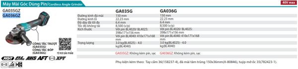 GA036GZ  Máy Mài Góc Dùng Pin(150mm/công Tắc Đuôi (không Kèm Pin Sạc)