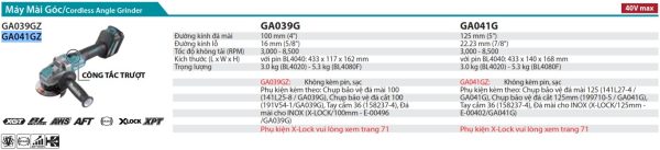 GA041GZ  Máy Mài Góc Dùng Pin(125mm/công Tắc Trượ (không Kèm Pin Sạc)
