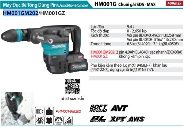 HM001GM202  Máy Đục Bê Tông Dùng Pin(chuôi Gài Sds-m (kèm 2 Pin 4.0+ Sạc Nhanh)