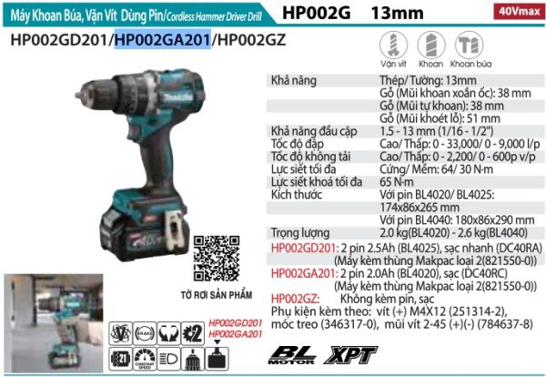 HP002GA201  Máy Khoan Búa Và Vặn Vít Dùng Pin(bl)(40 (kèm 02 Pin 2.0+ Sạc Nhanh)