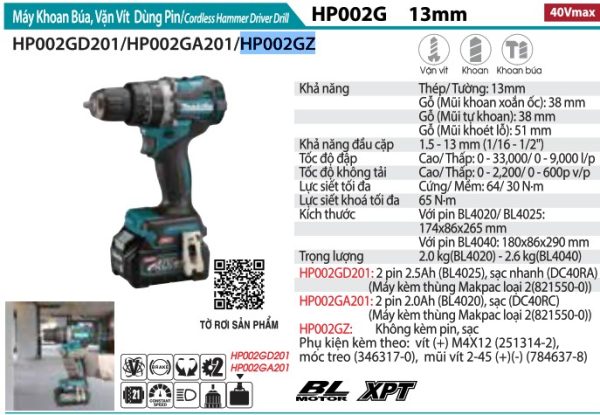HP002GZ  Máy Khoan Búa Và Vặn Vít Dùng Pin(bl)(40 (không Kèm Pin Sạc)