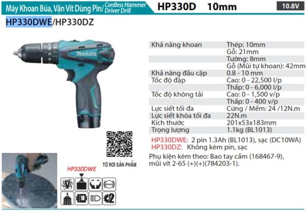 HP330DWE  Máy Khoan Búa, Vặn Vít Dùng Pin(10.8v) (kèm 02 Pin 1.5ah + Sạc)
