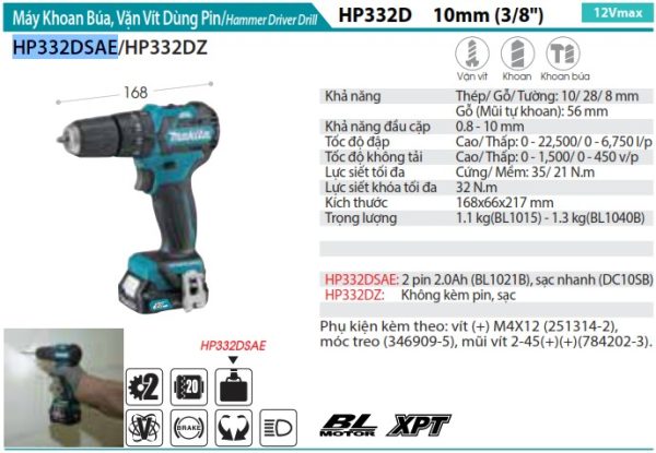 HP332DSAE  Máy Khoan Búa, Vặn Vít Dùng Pin(bl) (kèm 02 Pin 2.0 + Sạc)