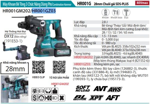 HR001GZ03  Máy Khoan Bê Tông 3 Chức Năng Dùng Pin( (không Kèm Pin Sạc)