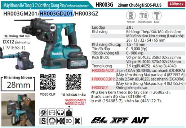 HR003GD201  Máy Khoan Bê Tông 3 Chức Năng Dùng Pin (kèm 2 Pin 2.5ah+ Sạc Nhanh)