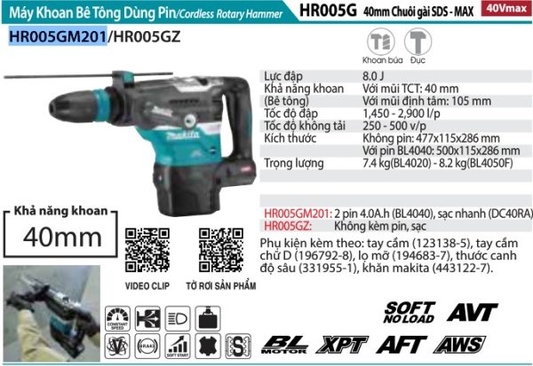 HR005GM201  Máy Khoan Bê Tông Dùng Pin(chuôi Gài Sd (kèm 02 Pin 4.0ah + Sạc Nhanh)