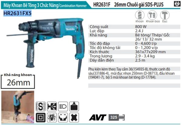 HR2631FX5  Máy Khoan Bê Tông 3 Chức Năng