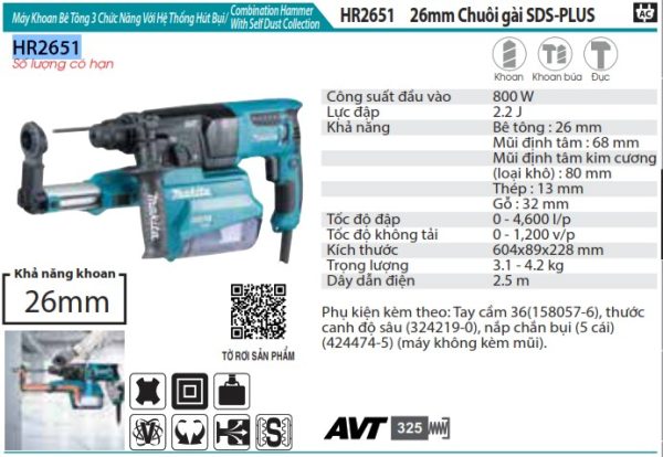 HR2651  Máy Khoan Bê Tông 3 Chức Năng Với H