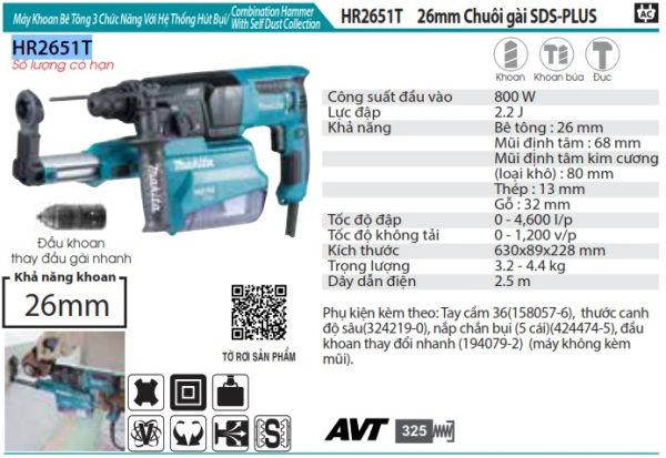 HR2651T  Máy Khoan Bê Tông 3 Chức Năng Với H