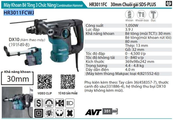 HR3011FCWJ  Máy Khoan Bê Tông 3 Chức Năng Với Hệ