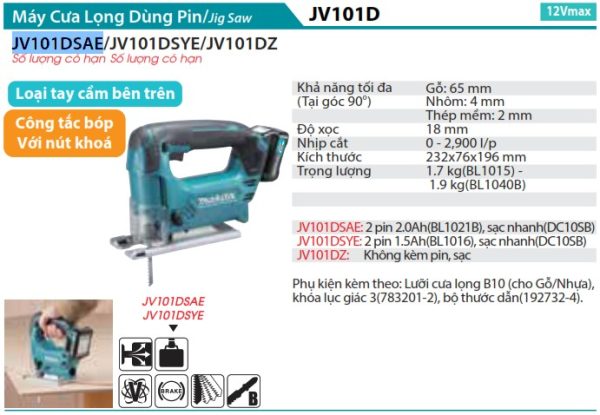 JV101DSAE  Máy Cưa Lọng Dùng Pin(12v Max) (kèm 02 Pin 2.0 + Sạc)