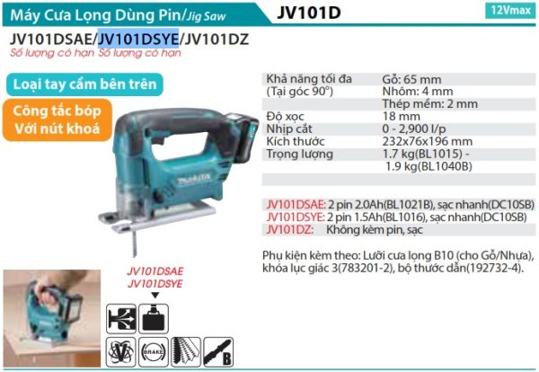 JV101DSYE  Máy Cưa Lọng Dùng Pin(12v Max) (kèm 02 Pin 1.5ah + Sạc)