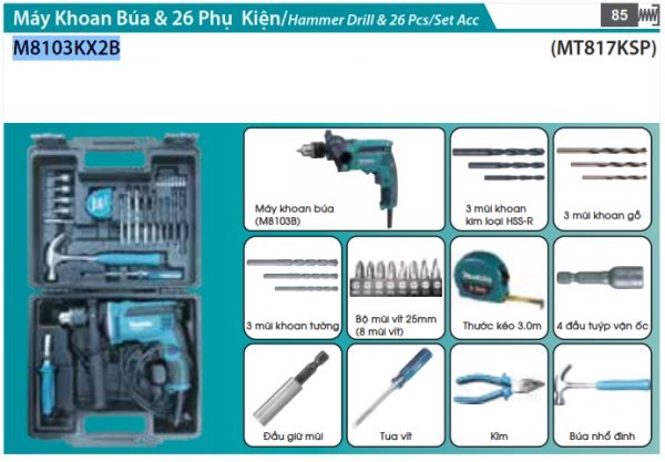 M8103KX2B  Máy Khoan Búa(13mm)(26 Cái Phụ  Kiện)