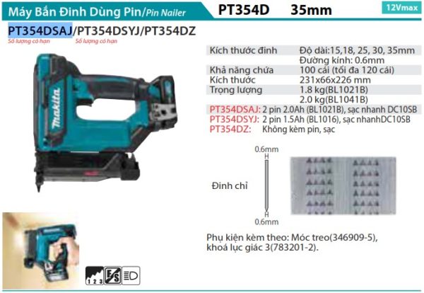 PT354DSAJ  Máy Bắn Đinh Dùng Pin(12v Max) (kèm 02 Pin 2.0 + Sạc Nhanh)