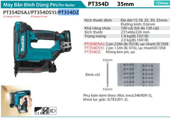 PT354DZ  Máy Bắn Đinh Dùng Pin(12v Max) (không Kèm Pin Sạc)