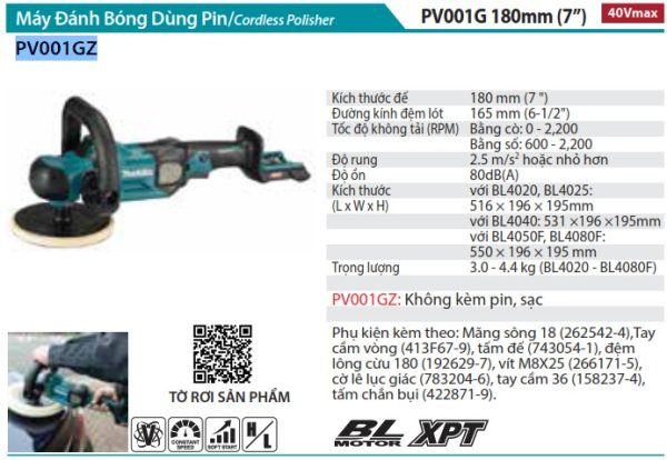 PV001GZ  Máy Đánh Bóng Dùng Pin(180mm/bl)(40v Max (không Kèm Pin Sạc)