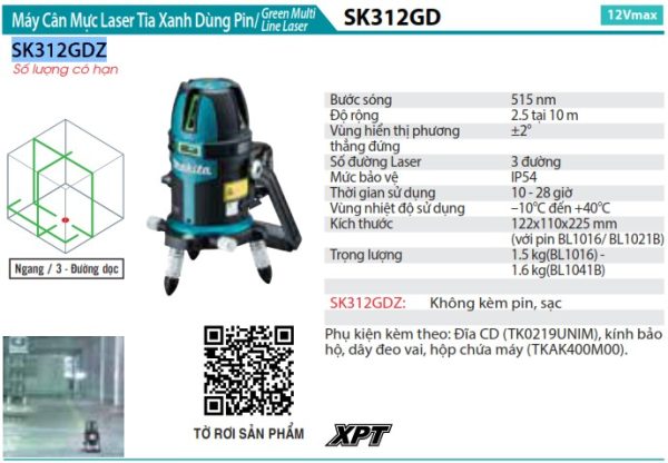 SK312GDZ  Máy Cân Mực Laser Tia Xanh(12v Max) (không Kèm Pin Sạc)