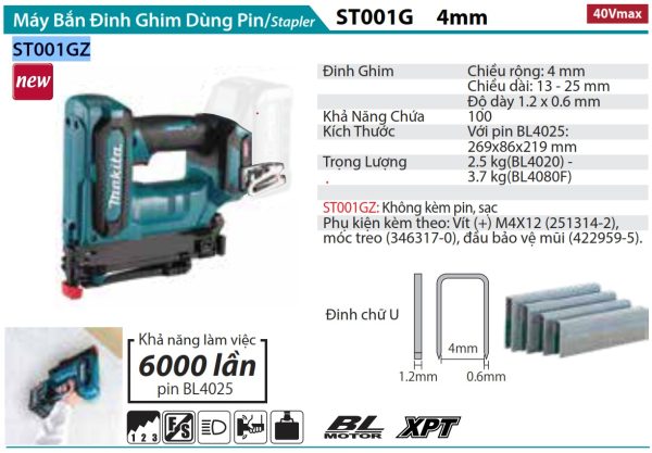 ST001GZ  Máy Bắn Đinh Ghim Dùng Pin(đinh J 4mm/bl)(40v Max)