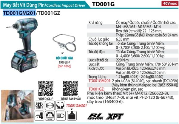 TD001GM201  Máy Bắt Vít Dùng Pin(bl)(40v Max) (kèm 02 Pin 4.0ah + Sạc Nhanh)