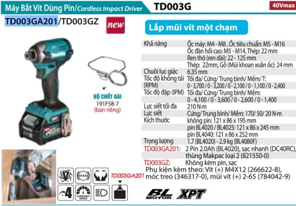 TD003GA201  Máy Bắt Vít Dùng Pin(bl)(40v Max) Kèm 02 Pin 2.5 +  1 Sạc