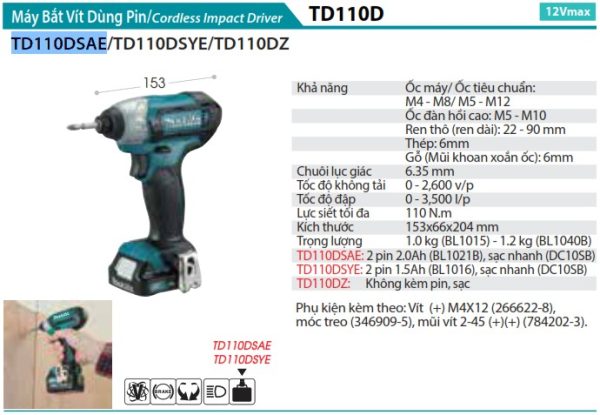 TD110DSAE  Máy Bắt Vít Dùng Pin (12v Max) (kèm 02 Pin 2.0 + Sạc)