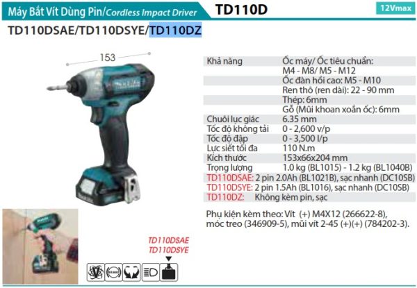 TD110DSYE  Máy Bắt Vít Dùng Pin(12v Max) (kèm 02 Pin 1.5ah + Sạc)