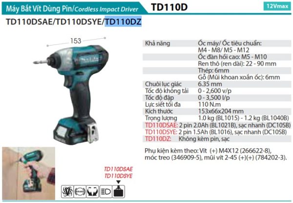 TD110DZ  Máy Bắt Vít Dùng Pin(12v Max) (không Kèm Pin Sạc)