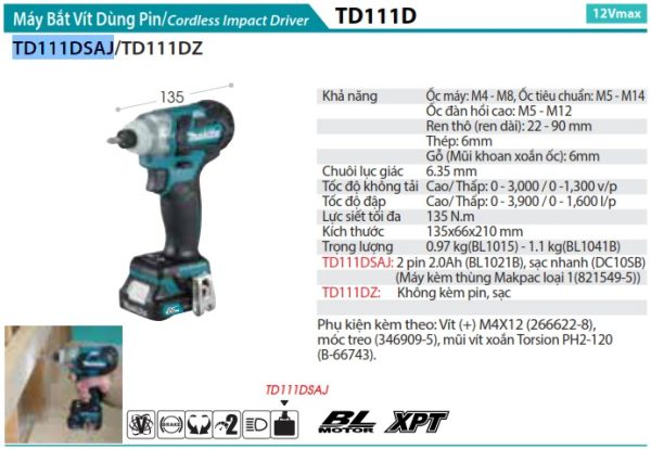 TD111DSAJ  Máy Bắt Vít Dùng Pin(bl)(12v Max) (kèm 02 Pin 2.0 + Sạc)