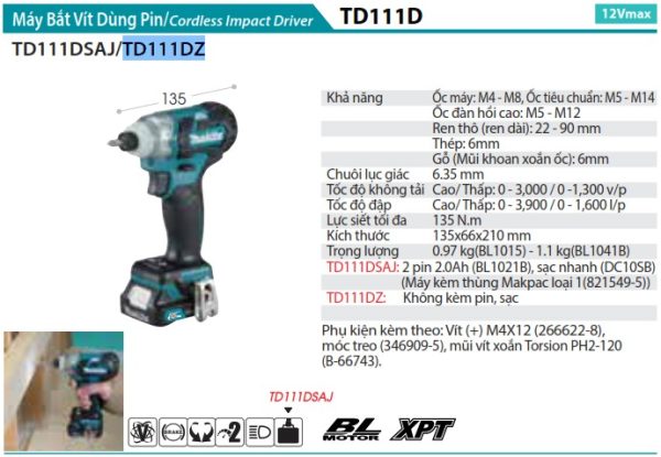 TD111DZ  Máy Bắt Vít Dùng Pin(bl)(12v Max) (không Kèm Pin Sạc)