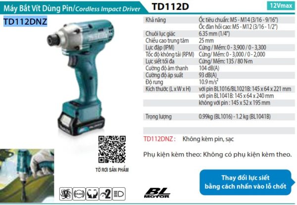TD112DNZ  Máy Bắt Vít Dùng Pin(nz Type/bl)(12v Max (không Kèm Pin Sạc)