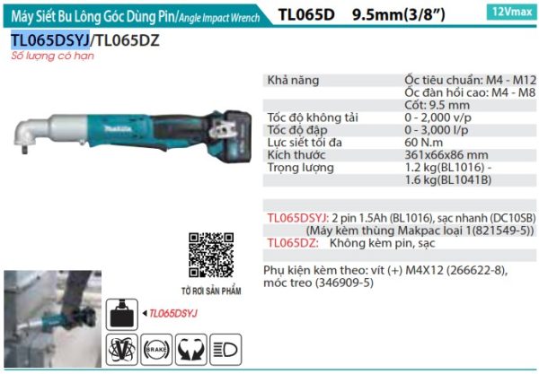 TL065DSYJ  Máy Siết Bu Lông Góc Dùng Pin(12v Max) (kèm 01 Pin + Sạc)