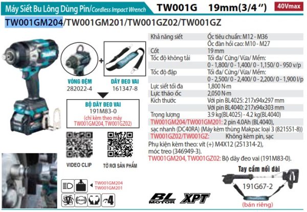 TW001GM204  Máy Siết Bu Lông Dùng Pin(19mm/ (kèm 02 Pin 4.0ah + Sạc Nhanh)