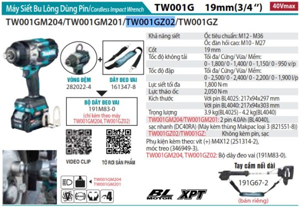 TW001GZ02  Máy Siết Bu Lông Dùng Pin(19mm/ (không Kèm Pin Sạc)
